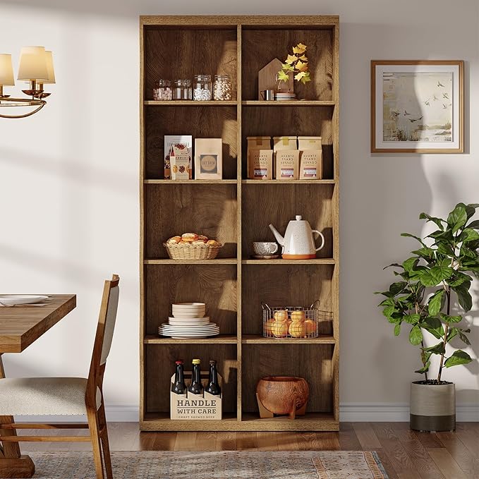 Tribesigns 70.86" Wooden 10 Cubes Bookcase, 5-Tier Tall Floor Standing Bookshelf with Wave-Shaped Design, Rustic Display Storage Organizer with Open Shelves for Living Room, Home Office, Bedroom (1)
