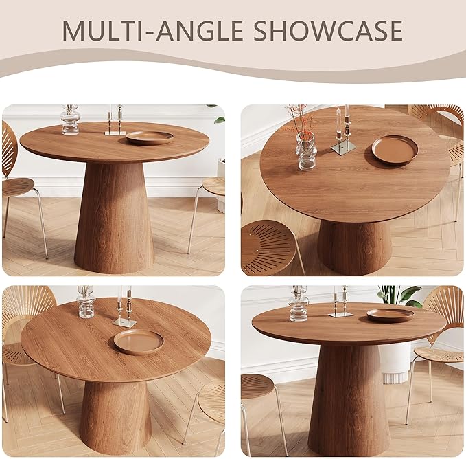 43" Wood Round Dining Table for 2 4 5, Mid Century Modern Farmhouse Rustic Circle Kitchen Table with Pedestal for Dining Room Kitchen, Dinner Living Room, Restaurant Walnut Easy Assembly