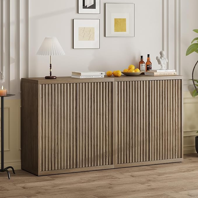 31” Sideboard Cabinet with Storage, Fluted Accent Cabinet with Adjustable Shelves, Modern Wood Credenza Cabinets with Pop-up Doors for Entryway Kitchen Living Room Hallway, Brown 2 Pcs