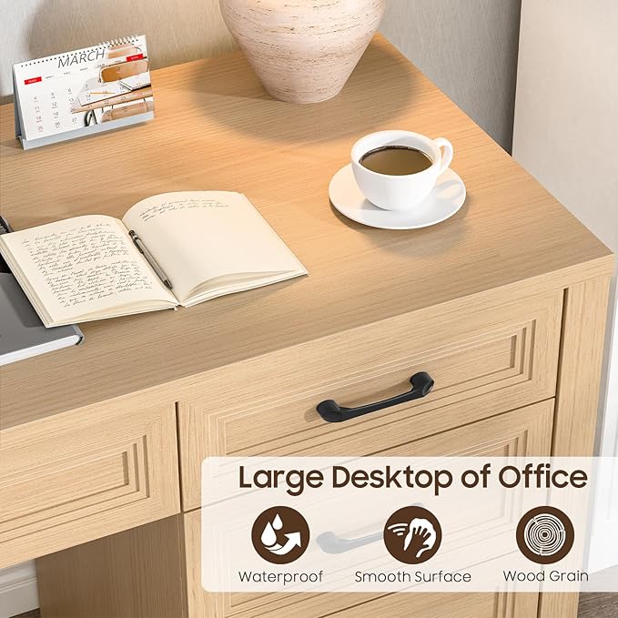 Vabches Farmhouse Executive Desk with Storage and Ample File Drawer, Rustic Large Home Writing Desk for Bedroom, Natural