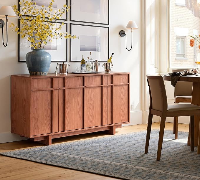 Sideboard Buffet Cabinet with Storage, Mid Century Modern Accent Cabinet with Skeleton Line & Wood Grain Texture, 63" Minimalist Credenza for Living Room Kitchen Dining Room Entryway, Cherry