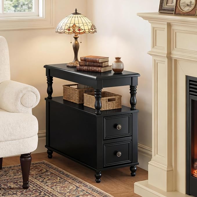 Tribesigns Solid Wood End Table, Vintage Side Table with 2 Drawers & 2-Tier Open Shelf, Mid-Century Nightstand, Slim Bedside Table for Small Space, Bedroom, Living Room, Black