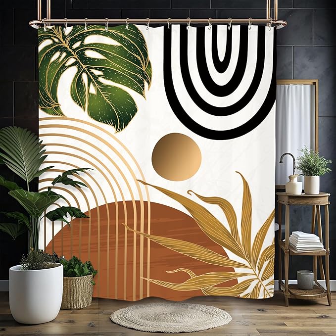 Miyotaa Abstract Mid Century Shower Curtain Set 60Wx71H Inches Minimalist Aesthetic Modern Contemporary Plant Leaves Neutral Rust Vintage Polyester Waterproof Bathroom Curtain with 12 Hooks
