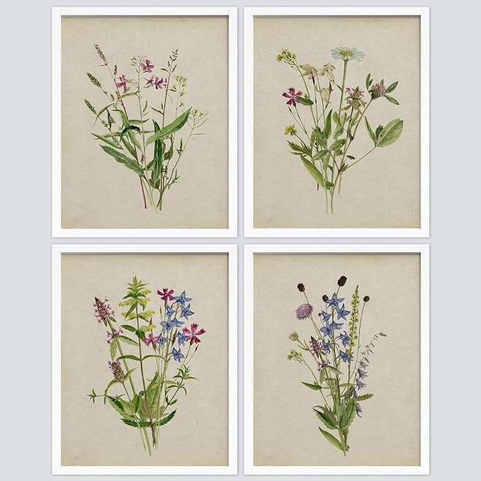 SIGNWIN Framed Watercolor Floral Botanical Wall Art, Set of 4 Vintage Wall Decor Prints, Minimalist Wall Décor for Living Room, Bedroom - 12"x16" White