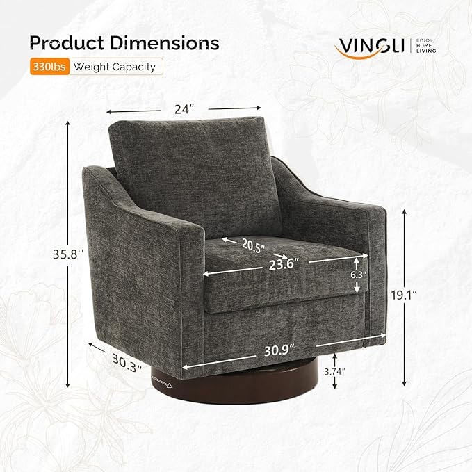 VINGLI Mid-Century Modern Swivel Accent Chair, 360°Upholstered Armchair, Home Sofa with Track Arms for Living Room, Bedroom, Reading Room, Club Swivel Chair, Chenille Grey