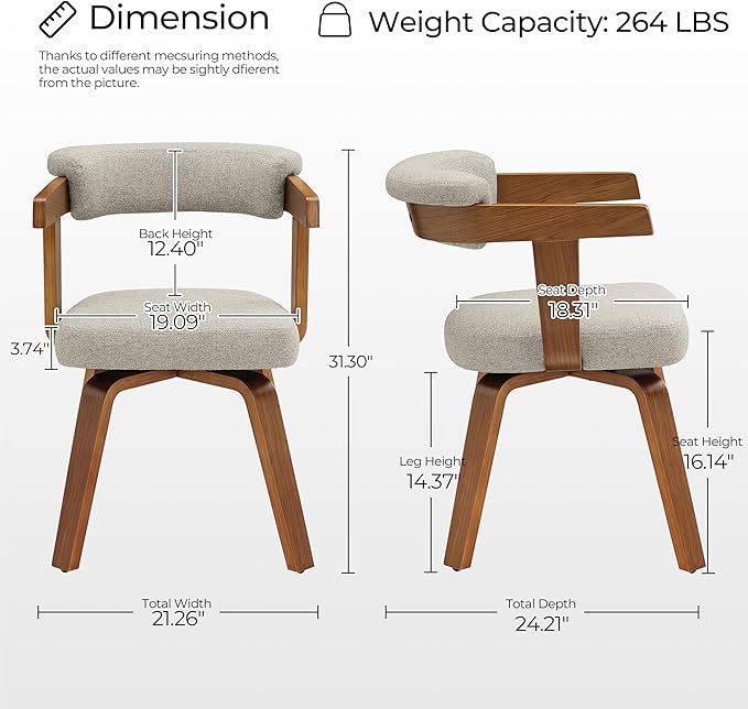 Art Leon Office Chair No Wheels - Mid Century Modern Desk Chair, Fabric Upholstered Accent Arm Chair with Wood Legs for Small Spaces Home Office Living Room Bedroom Study, Off White/Walnut