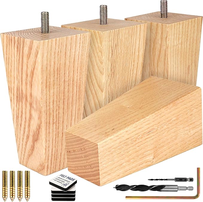 Airy Abode Premium Ash Wood Square Furniture Legs (Full Install Kit) - Pick Your Size and Color