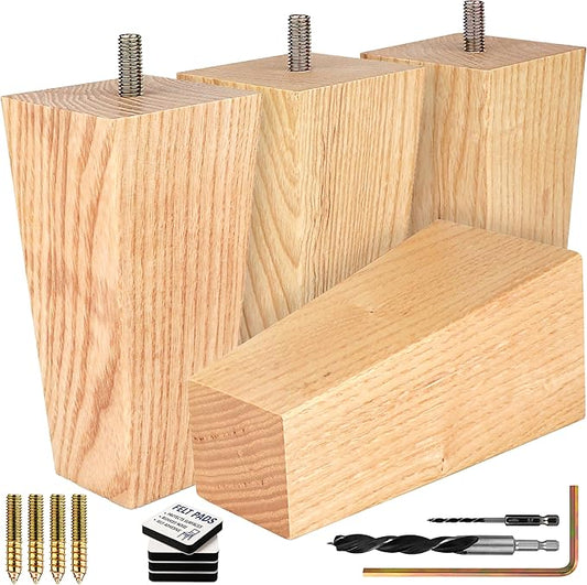 Airy Abode Premium Ash Wood Square Furniture Legs (Full Install Kit) - Pick Your Size and Color