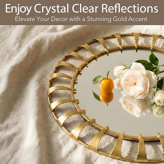 Vintage Gold Round Decorative Wall Mirror 32" | Large Metal Frame, Mid Century Modern, Sunburst Design, For Bathroom, Bedroom, Living Room, Entryway