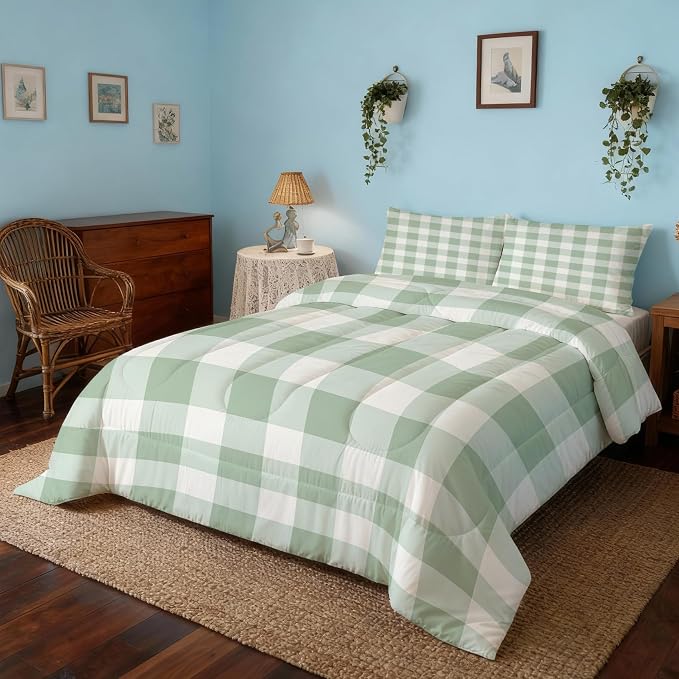 Farmhouse Plaid Queen Size Comforter Sets 3 Piece, Green Buffalo Check Printed Pattern, Soft All Season Bed Comforter & 2 Pillow Sham, Checkered Bedroom Decor Reversible Bedding D-GM19