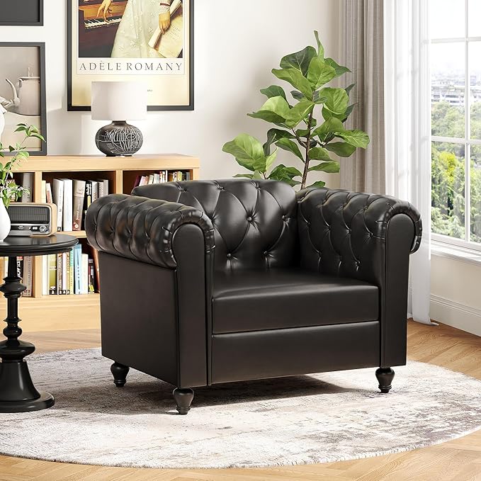 Black Faux Leather Accent Chairs, Button-Tufted Upholstered Club Chair Retro Armchairs, Mid Century Modern Accent Chair with Solid Wood Legs, Cozy Chesterfield Couch Chairs for Living Room, Bedroom