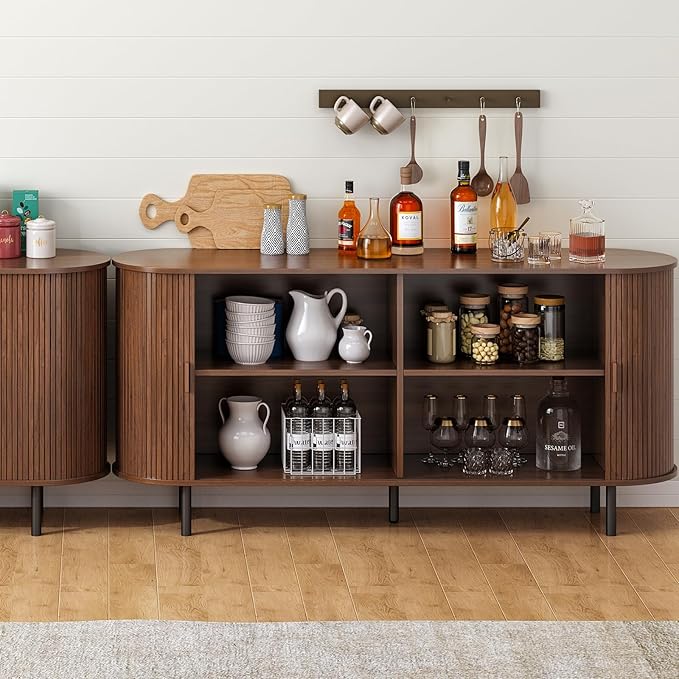 ONBRILL 63" Sideboard Buffet Cabinet with Storage, Storage Cabinet with Sliding Door & Adjustable Shelf, Modern Accent Coffee Bar Console Table for Kitchen, Entryway, Walnut