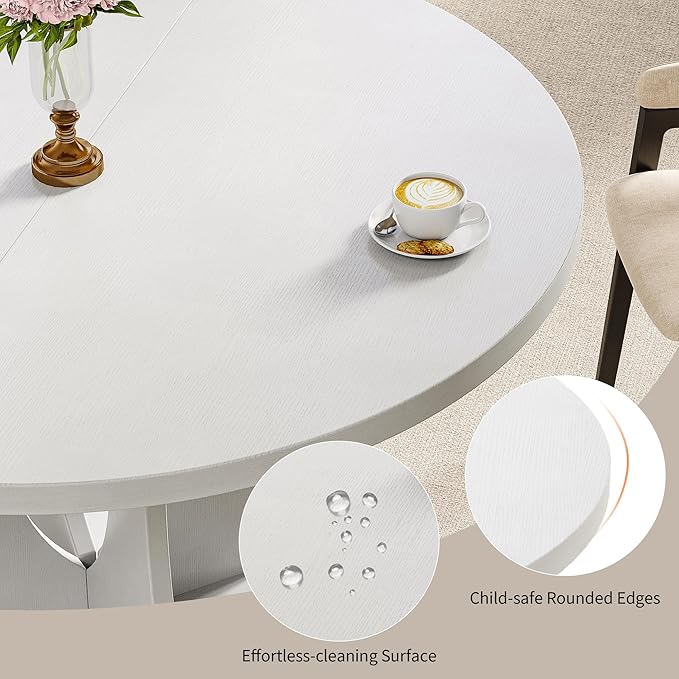 iPormis 43.3-59 Inch Extendable Round Dining Table for 6-8 People, Oval Dinner Table with Adjustable Top and A Stable Round Pedestal Base, Space Saving Wooden Kitchen and Dining Table, White