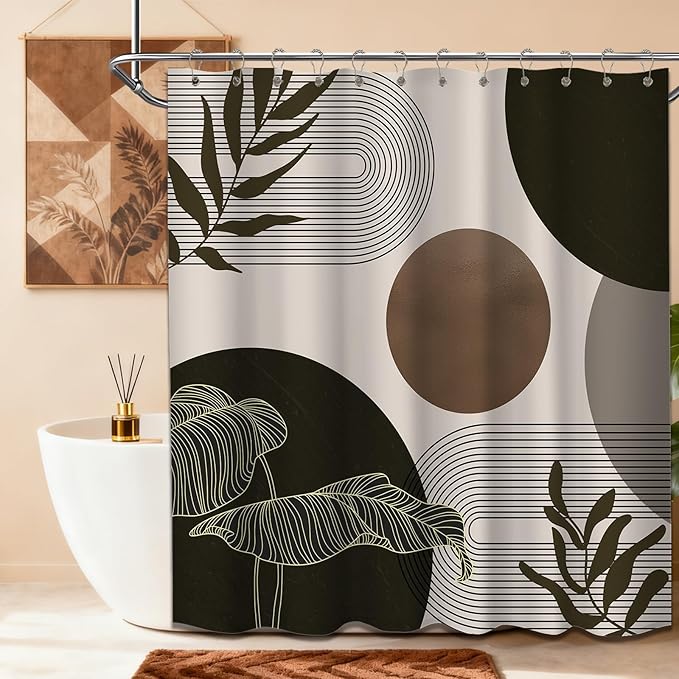 Brown and Beige Shower Curtain Light Brown Tan Taupe Boho Mid Century Modern Shower Curtains for Bathroom Decor MCM Mens Cool Bath Curtain Set, Waterproof Fabric with Hooks 70 x 84 Inch