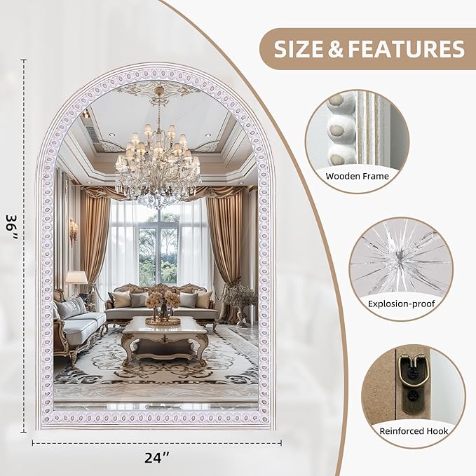 Decointo 36x24 Inch Rustic Farmhouse Arched Wall Mirror | Wooden Decorative Arch Mirrors for Bathroom Over Sink, Entryway, Living Room, Bedroom, Foyer