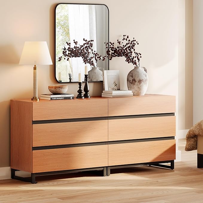 WAMPAT Dresser for Bedroom, Closet Organizers and Storage with 6 Drawers, Chest of Drawers with Metal Base, Modern Wood Dresser for Living Room, Bedroom, Mocha