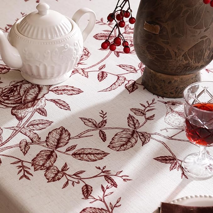 ISAENNE Designer Vintage Linen Extra Long Rectangle Tablecloth,Red Floral Pattern Linen Stain Resistant Table Cloth,Decor Tablecloths for Dining Thanksgiving Kitchen Party,63"*110"-Harmony