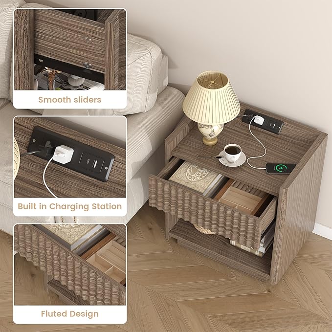 Bigbiglife Fluted Nightstand Set of 2 with Charging Station, 22" Modern Side Table with Drawer End Table with Open Storage, Bedside Table for Bedroom, Living Room, Natural Oak (2, Dark Walnut)