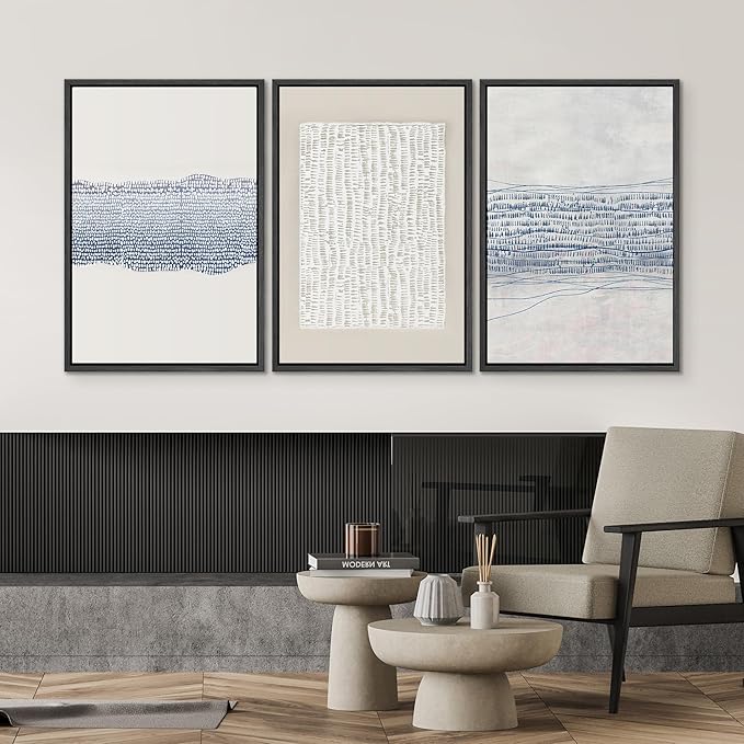 SIGNWIN Framed Canvas Print Wall Art Set Blue White Grunge Geometric Pattern Abstract Shapes Cozy Neutral Modern Art Decorative Contemporary Minimal for Living Room, Bedroom, Office - 24"x36"x3 Black