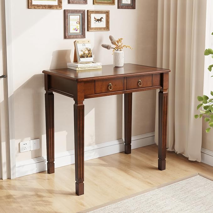 Vintage Wooden Writing Desk with 2 Drawers, Small Computer Desk Workstation 31.5in Wide Study Table for Home Office, Small Secretary Table in Cherry Walnut, SSZ-D1258