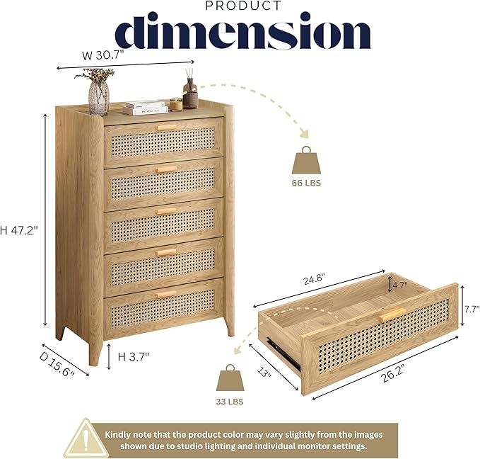 ELISA HOME Rattan-Inspired 5 Drawers Dresser for Bedroom, 47.2" Tall Dressers, Wood Drawer Organizer for Clothes, Entryway, Hallway, Nursery or Living Room, Oak
