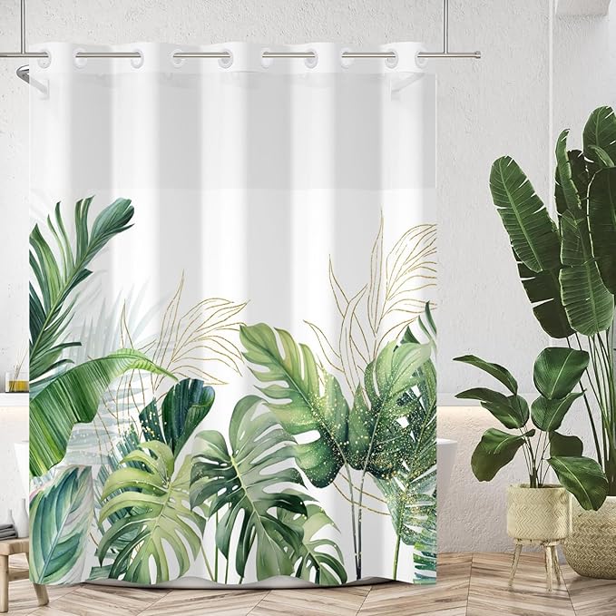No Hook Shower Curtain Tropical Palm Leaf Shower Curtain with Snap in Liner Set Modern Green Plants Jungle Bathroom Curtains Double Layers Washable 71x74 Inch