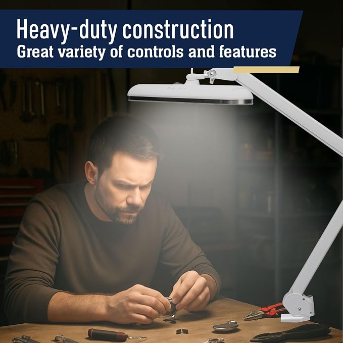 Kings County Tools LED Desk Lamp with Clamp - Architect Desk Light with Adjustable Swing Arm, Dual Light, and 16 Lighting Options - 32” Tall Task Lamp for Office Accessories (White)