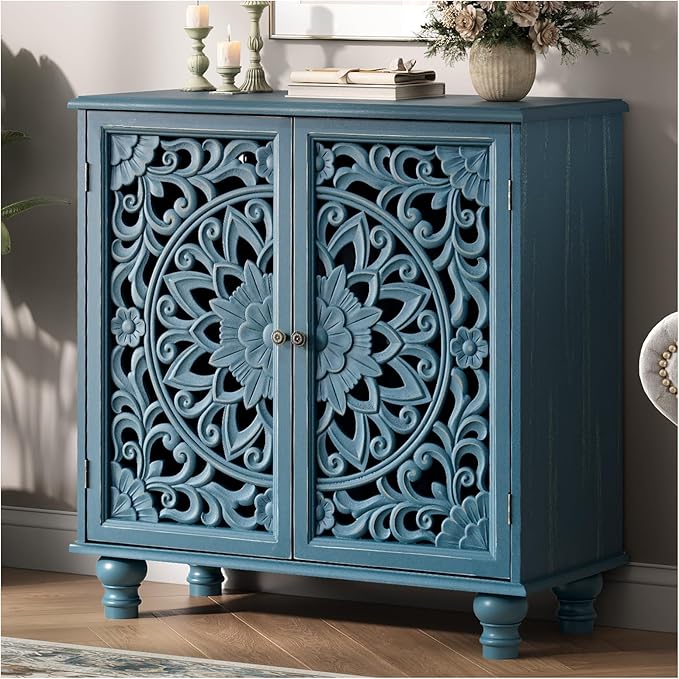 JOINICE Blue Accent Cabinet with Carved Doors, 31" Storage Cabinet for Entryway & Living Room, Vintage Sideboard Buffet Table with Adjustable Shelf, Solid Wood Legs, Boho Home Decor