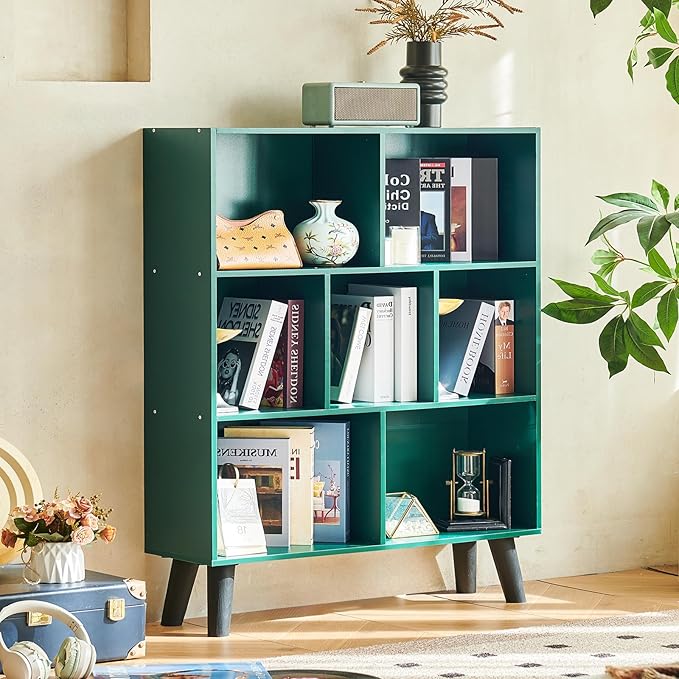 LEYAOYAO Cube Bookshelf 3 Tier Mid-Century Dark Green Modern Bookcase with Legs,Retro Wood Bookshelves Storage Organizer Shelf,Freestanding Open Book Shelves for Bedroom,Living Room,Office