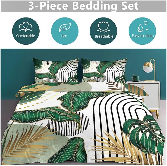 Boho Bedding Set,Modern Abstract Tropical Monstera Palm Leaf Plant Minimalist Spring Summer Bohemian Mid Century Comforter Set with Pillowcase for Bedroom Bed Decor,Queen 90"x90"