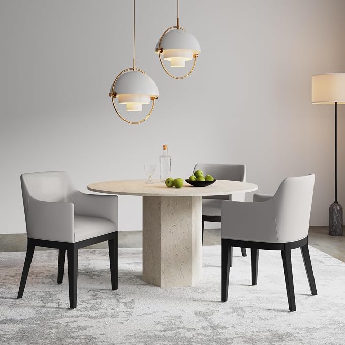 Manhattan Comfort Gansevoort Modern Faux Leather Dining Chair with Arms, Leatherette Upholstery on Solid Beech Wood Frame, Accent Furniture for Kitchen Table or Office, Set of 1, Light Grey