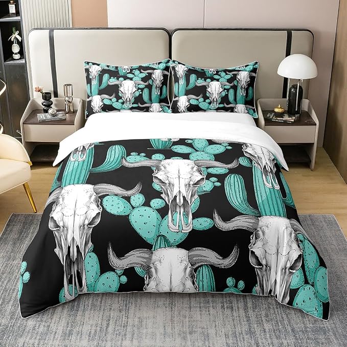 100% Cotton Buffalo Skull Duvet Cover Full Cactus Bedding Set Wild West American Desert Tribal Comforter Cover Boho Western Botanical Room Decor Teal Black Ethnic Quilt Cover for Boys Men