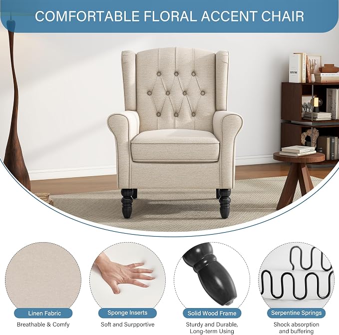 High Back Accent Chairs Set of 2, Fabric Upholstered Armchair Wingback Chair for Living Room, Comfy Single Sofa Bedroom Reading Seat with Solid Wood Legs, Beige