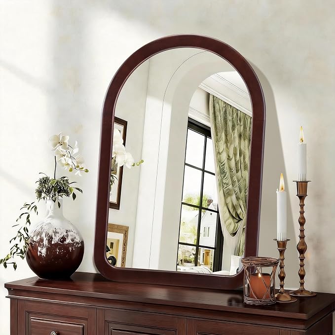 Arched Mirror 24 x 36 Inch,Dark Walnut Brown Wood Rustic Bathroom Tempered Wall Mirror with Wood Frame,Round Corner Arch Farmhouse Wooden Vanity Mirror for Living Room,Entryway or Bedroom