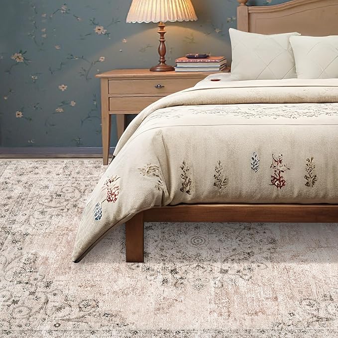 Area Rug 5x7 Vintage Rug: Washable Indoor Medallion Rugs Low Pile Distressed Floor Carpet Retro Accent Rug for Living Room Bedroom Kitchen Dining Table Home Office(Distressed Brown, 5'x7')