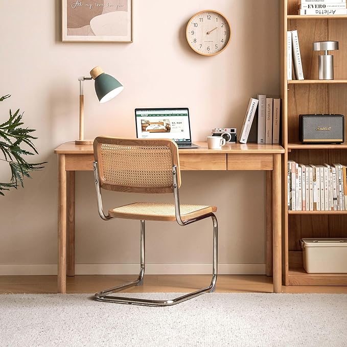 Solid Wood Computer Desk, Mid-Century Modern Home Office Desk with Storage Drawers, Writing Table for Study & Living Room 35.43" W Natural Wood