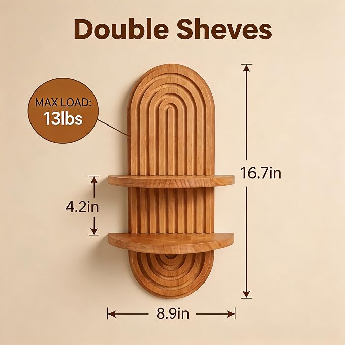Vintage Arch Plants Wall Shelf Boho Wall Decor 2-Tier Wood Floating Shelves, 16.7"X 9" Modern Wall Mounted Display Shelves, for Home, Living Room, Bedroom, Office Decor (Brown-1pcs)