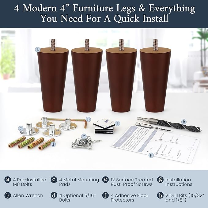 Premium Walnut Wood Furniture Legs (Full Install Kit) - Pick Your Size and Color