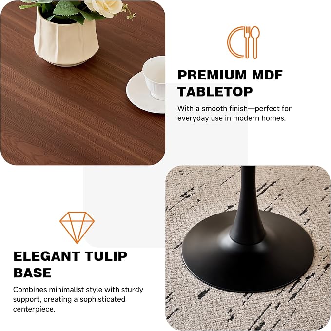31.5" Round Dining Table for 2-4 Modern Circle Tulip Table with Metal Black Tulip Pedestal Base for Kitchen Dining Living Room Apartment Small Space Cafe, Brown