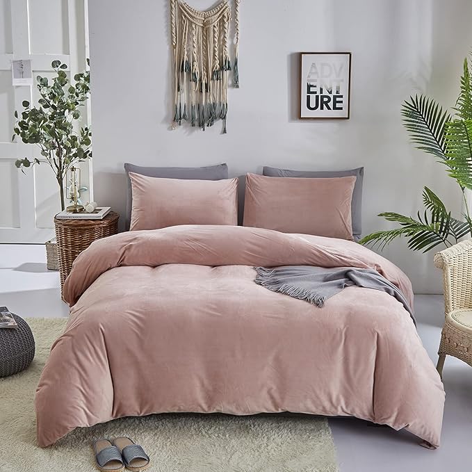 Pureant Pink Velvet Comforter Sets Full Women Girls Blush Pink Fluffy Bedding Comforters Adults Teens Cute Winter Quilts Solid Light Red Flannel Quilt Micromink Sherpa Plush Bed