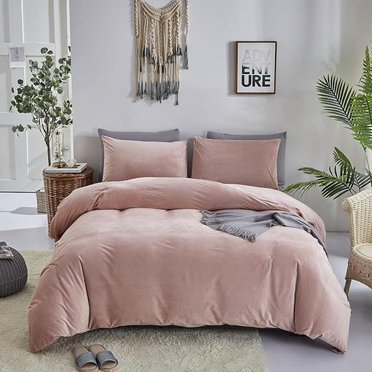 Pureant Pink Velvet Comforter Sets Queen Women Girls Blush Pink Fluffy Bedding Comforters Adults Teens Cute Dusty Pink Winter Quilts Solid Light Red Flannel Quilt Bean Pink Micromink Sherpa Plush Bed