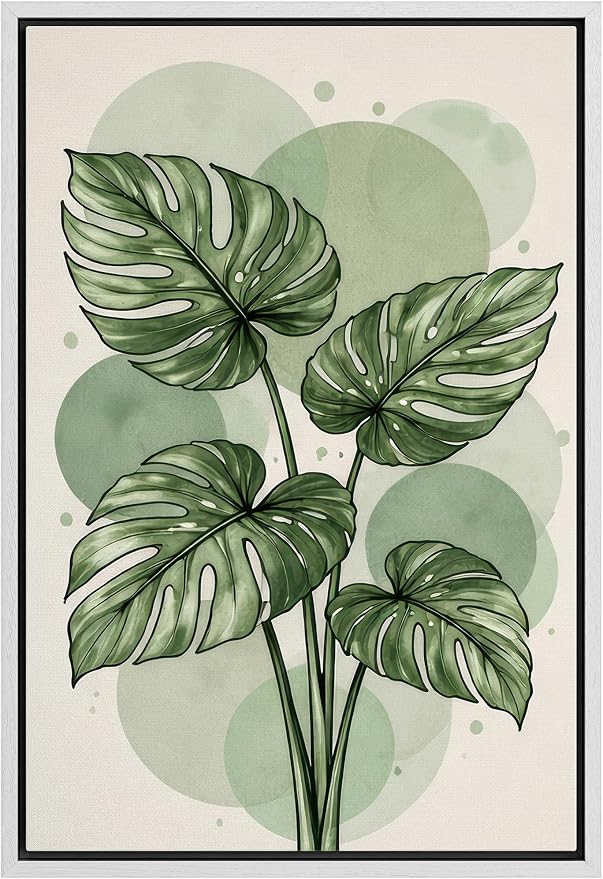 Woodrose Framed Canvas Print Wall Art Green Monstera Leaves Botanical Illustrations Modern Art Minimalist 3D Colorful Ultra for Living Room, Bedroom, Office - 24"x36" WHITE