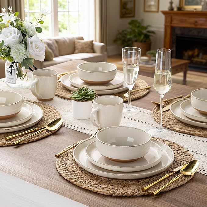 AmorArc Ceramic Dinnerware Sets with Pasta Bowls for 6, Handpainted Plates and Bowls Set with Rustic Terracotta Underside, Scratch Resistant Dishes Set, Dishwasher & Microwave Safe, 24 Pcs