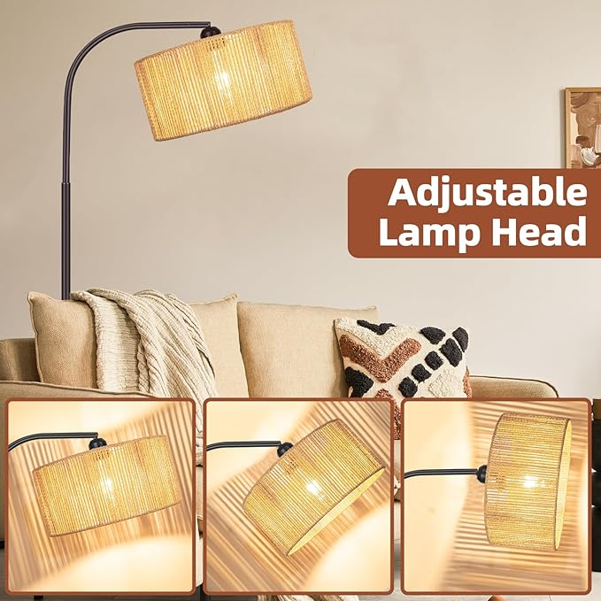Boho Floor Lamp with Dimmable Bulb Nartual Rattan Adjustable Lampshade, Bronze Rustic Farmhouse Floor Lamps for Living Room, Bedroom, Office, Classroom