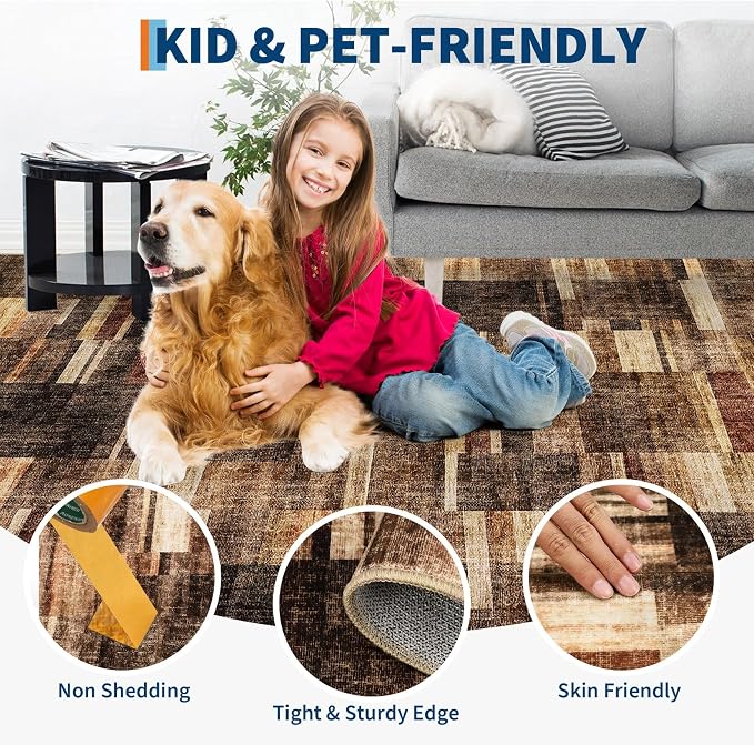 Large Living Room Area Rug 8x10 - Machine Washable Modern Rugs Geometric Brown Rug Non Slip Non-Shedding Low Pile Farmhouse Carpet for Bedroom Nursery Classroom Dorm 8'x10' Brown