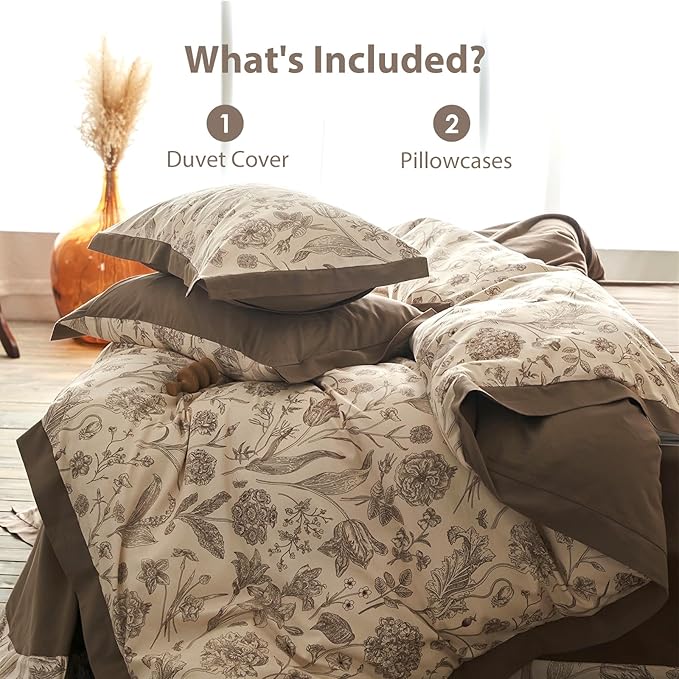 Brown Floral 100% Cotton Duvet Cover King Size, 3 Pieces Reversible Vintage Duvet Cover Set - 1 Botanical Patterned Duvet Cover 104x90 Inches with Zipper Closure, 2 Pillowcases
