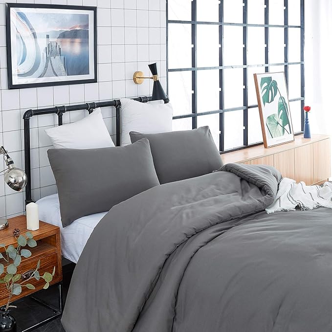 Pureant Grey Comforter Set California King 3Pcs Dark Gray Bedding Comforter Sets Solid Color Comforter Cal King Soft Men Elegant Gray Comforter Charcoal Quilts Luxurious Smoke Grey Bedding Breathable