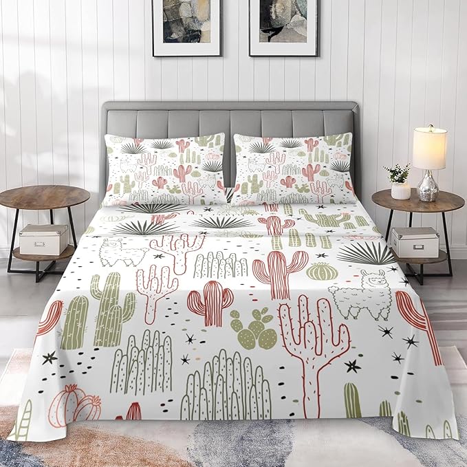 Pamnest King Size Bed Sheet Sets, Mexican Vintage Ivory Soft Microfiber 4 Pcs Bedding Sets for Kids and Adults Bedroom Bed Decor, Cactus Flower Floral Flat, Fitted Sheet and 2 Pillowcases