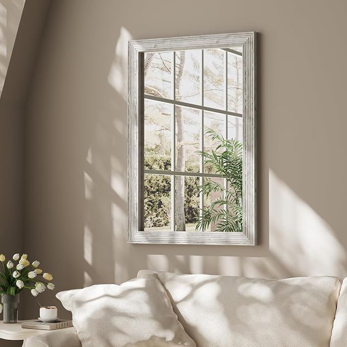 ULIKE Wood Mirror for Bathroom, Farmhouse Mirror with Rustic Frame, 24x36 Inch White Vanity Mirrors for Wall Decor of Bedroom or Living Room, Vertical or Horizontal Hanging, Rectangle