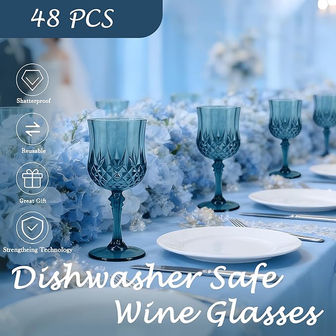 Plastic Wine Glasses, Plastic Goblets Vintage Style Cordial Drinking Glasses for Valentine’s Day, Wedding Reception, Grand Event Party Supplies (48, Navy Blue)